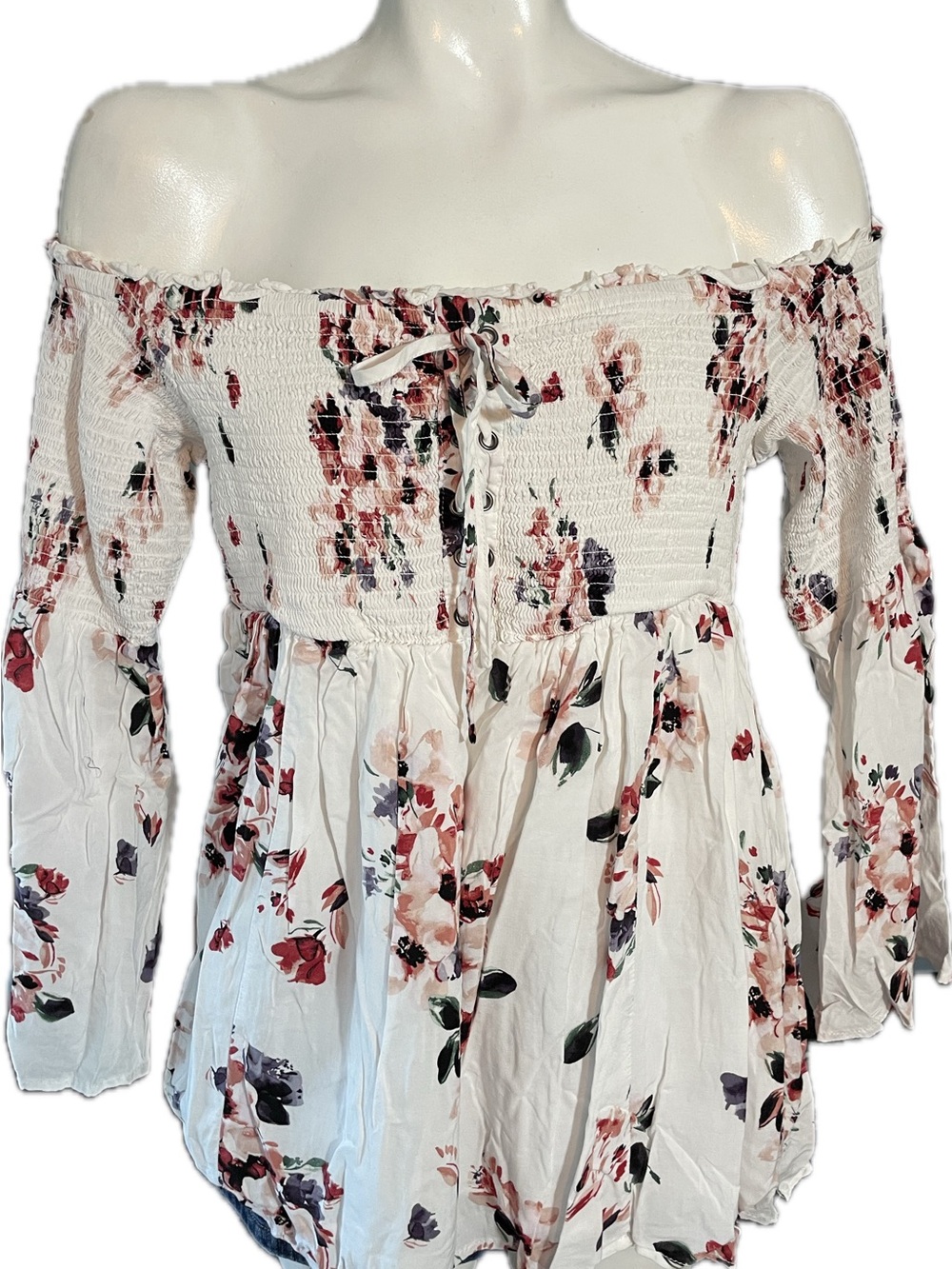 torrid Off-Shoulder Floral Smocked Peasant Top in Cream and Pink